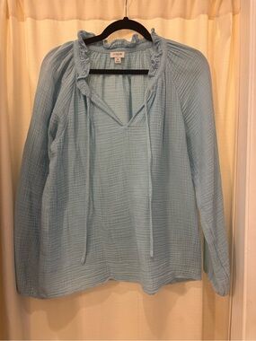 J. Crew Gauze Pale Blue Ruffle Tie-Neck Peasant Top